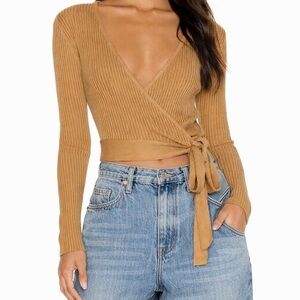 Minkpink brown gold ribbed wrap top